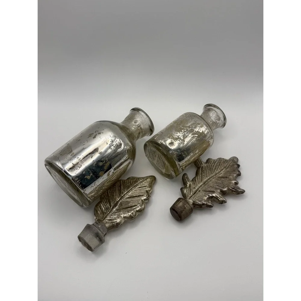 Pottery Barn Mercury Glass Bottles Set of 2 Silver Leaf Stopper Decorative Vases